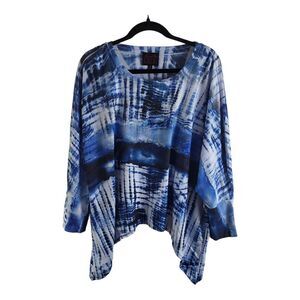 French Blue Womens Sz M Art To Wear Shark Bite Hem 3/4 Sleeve Artsy Top Flawless